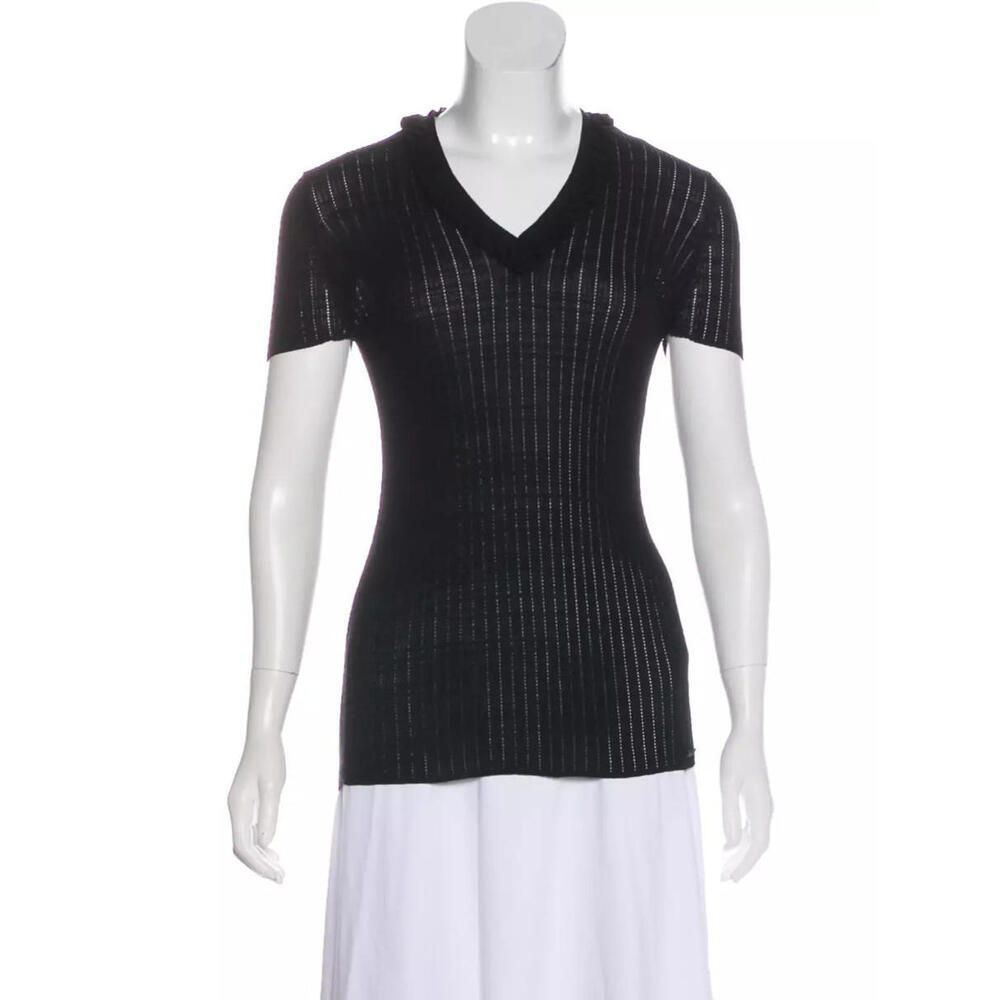 2009 CHANEL 09P Black Rib Knit Top V-Neck Shirt FR-34 US-2 Cotton Short Sleeve - Picture 2 of 7